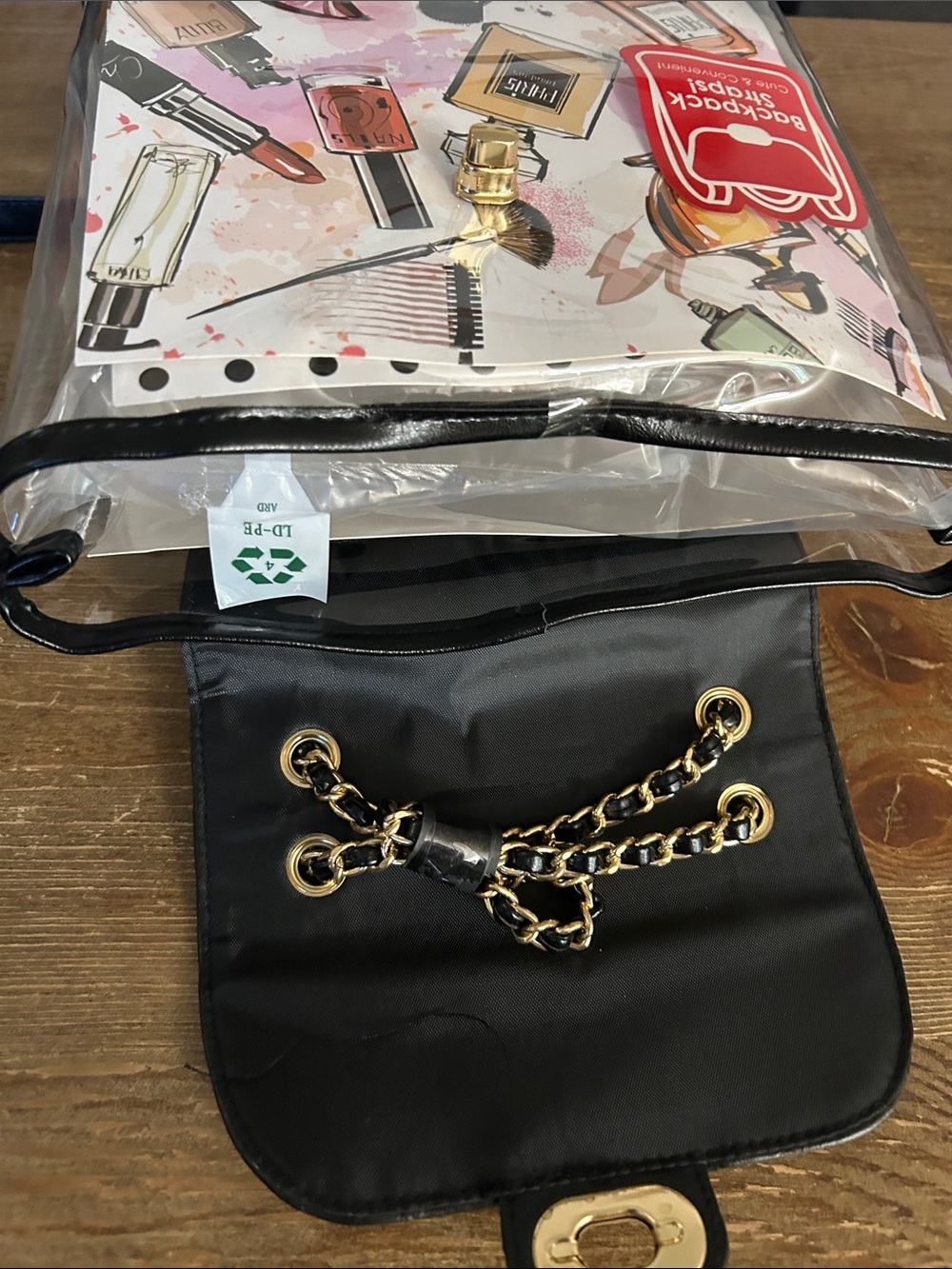 Ellie Clear Stadium Bag with Black Quilted Flap and Gold Chain - Picture 4 of 5